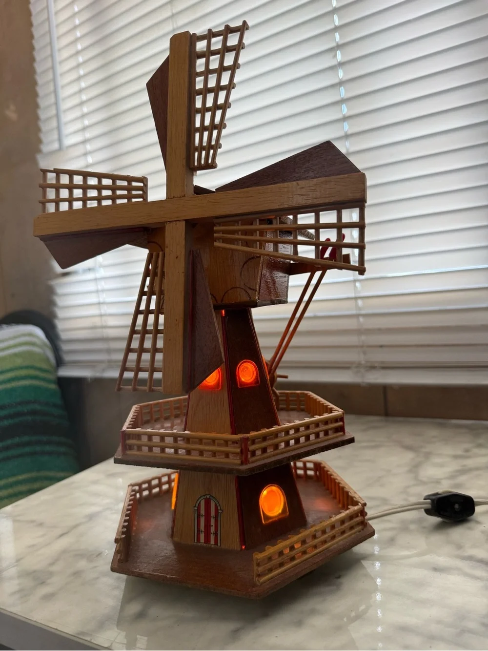 Vintage Wood Windmill Music Box and Night Light 13”